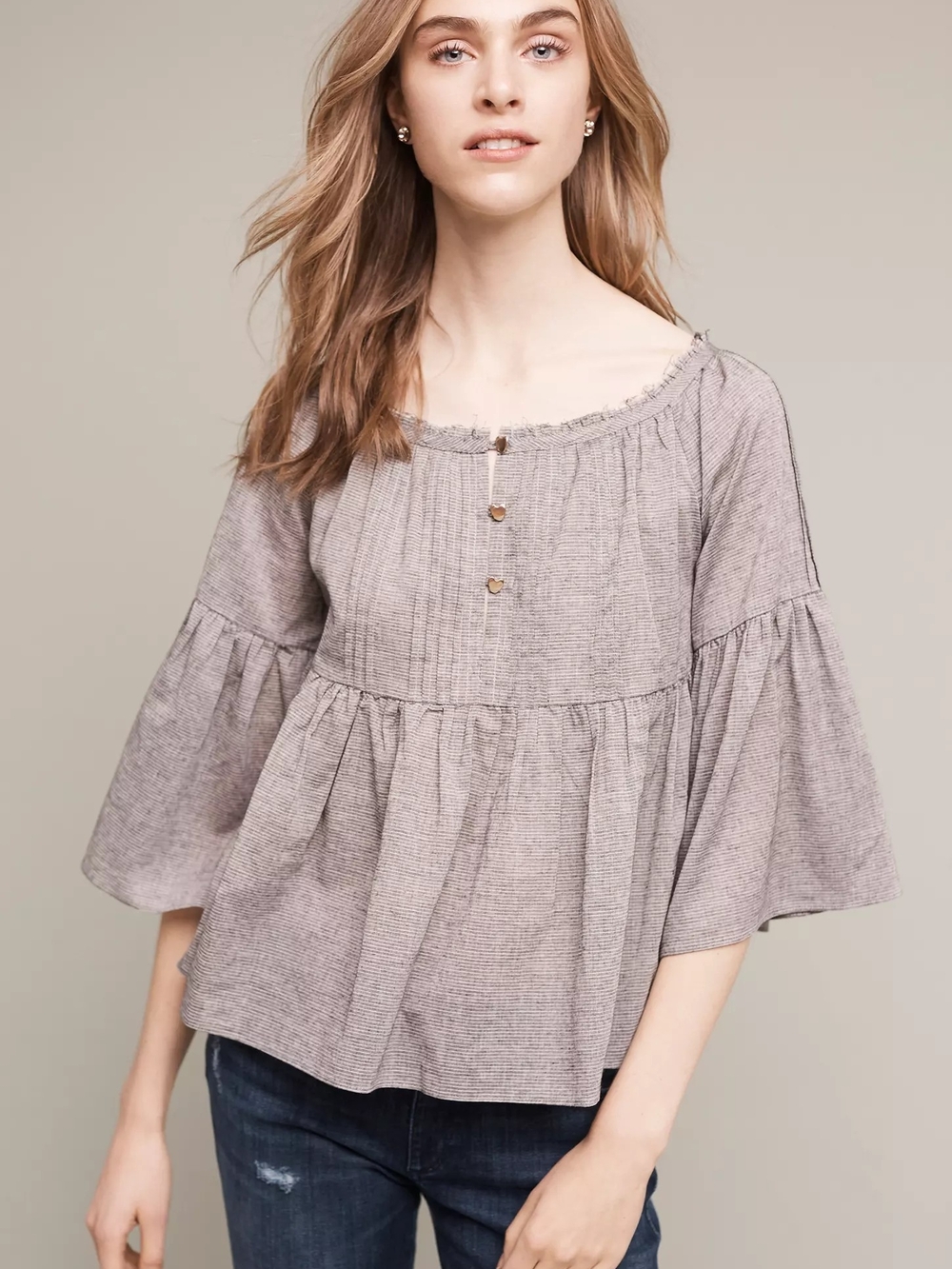 Cute Anthropologie Eri + Ali Light Grey Striped Blouse in Size Small